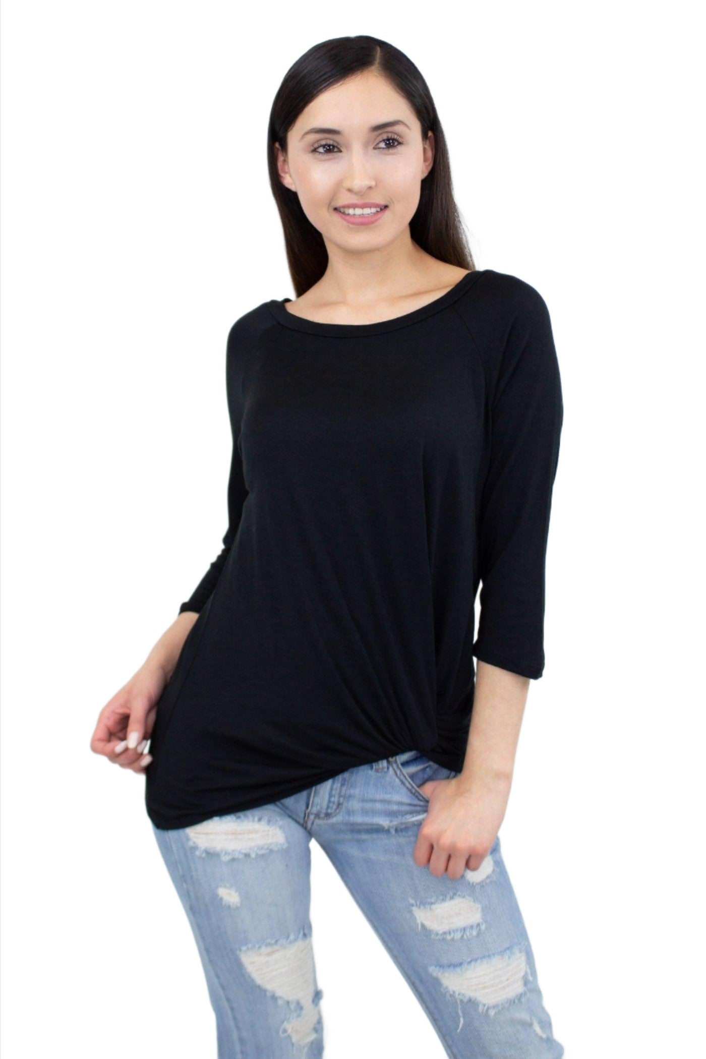 Women's Shirts Twisted Front Comfortable Top - Black