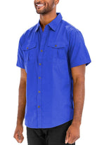 VacationGrabs Men's Short Sleeve Shirt in Blue featuring two pocket button down style