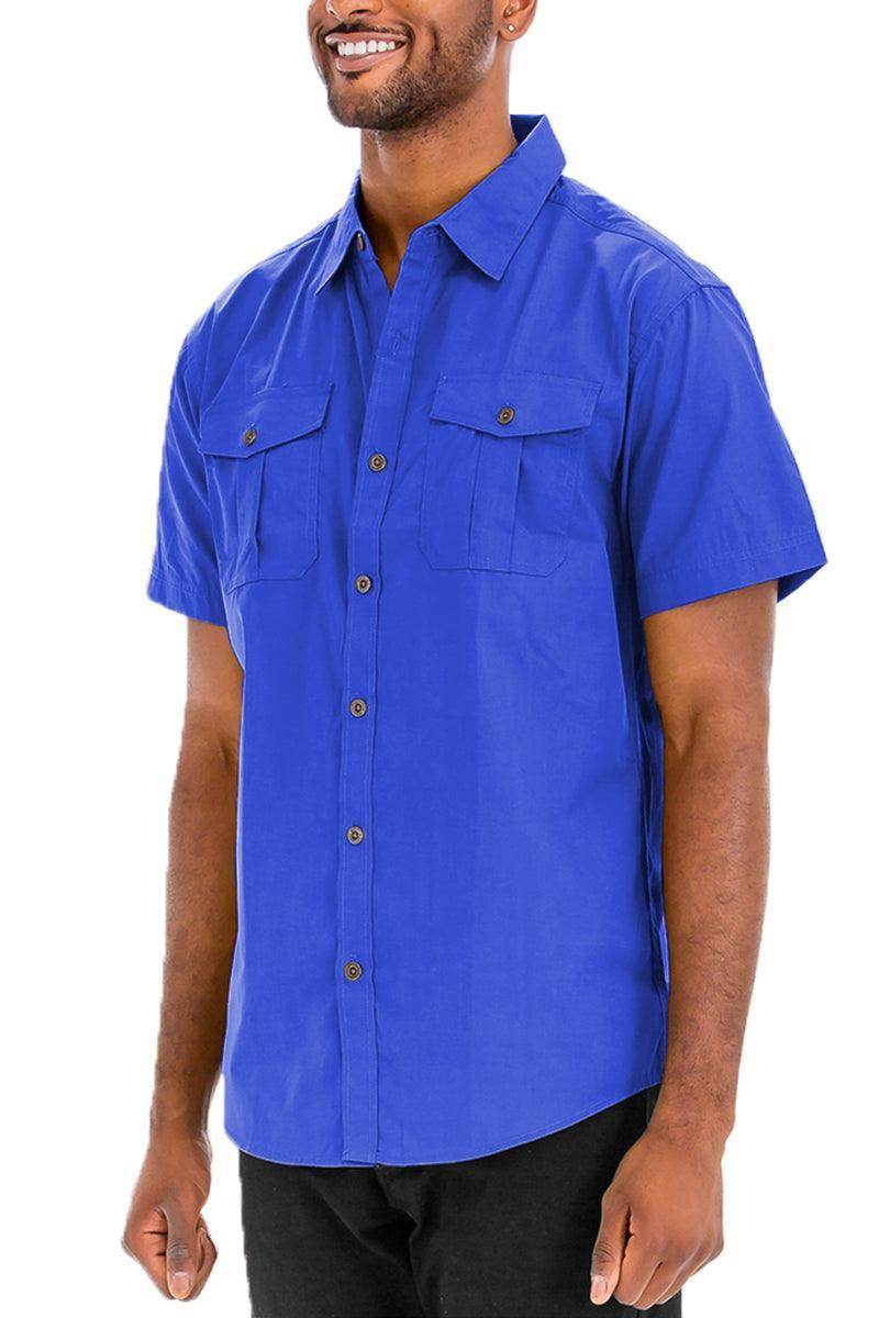 VacationGrabs Men's Short Sleeve Shirt in Blue featuring two pocket button down style