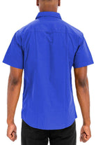 Men's blue two pocket button down shirt from VacationGrabs with a classic fit and short sleeves