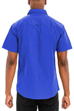 Men's blue two pocket button down shirt from VacationGrabs with a classic fit and short sleeves