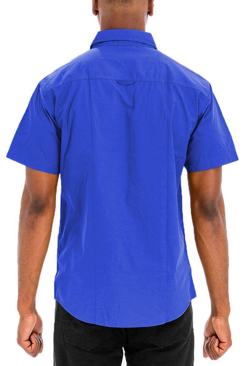 Men's blue two pocket button down shirt from VacationGrabs with a classic fit and short sleeves