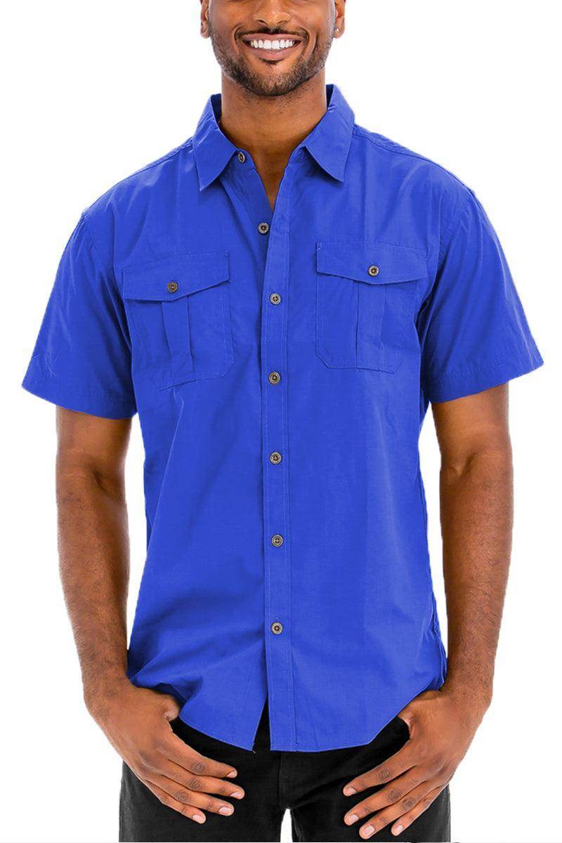 VacationGrabs Men's Blue Two Pocket Button Down Shirt for Casual and Outdoor Wear