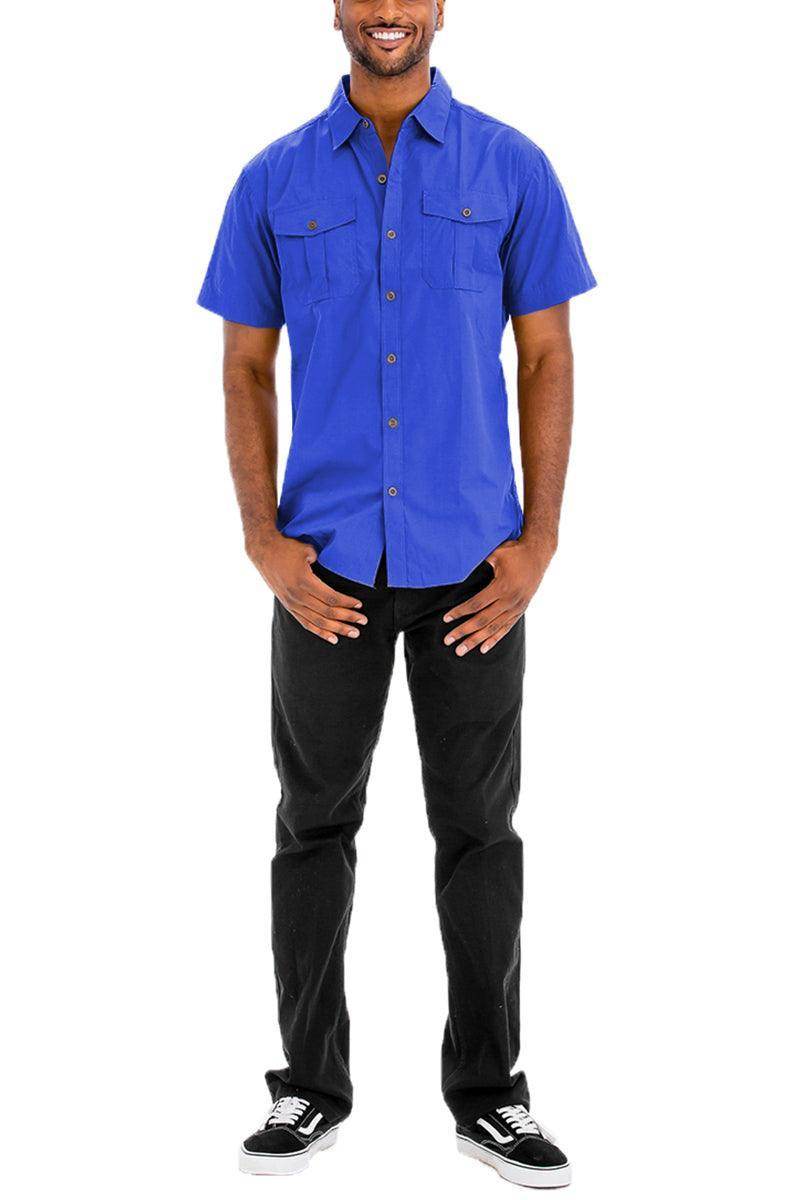 VacationGrabs Men's Two Pocket Button Down Shirt in Blue, Perfect for Casual Outings
