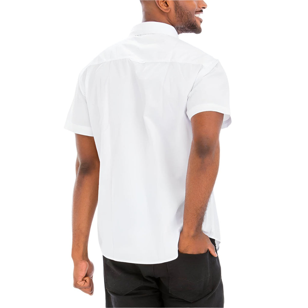 Men's white two pocket button front shirt with a modern fit from VacationGrabs, perfect for casual outings