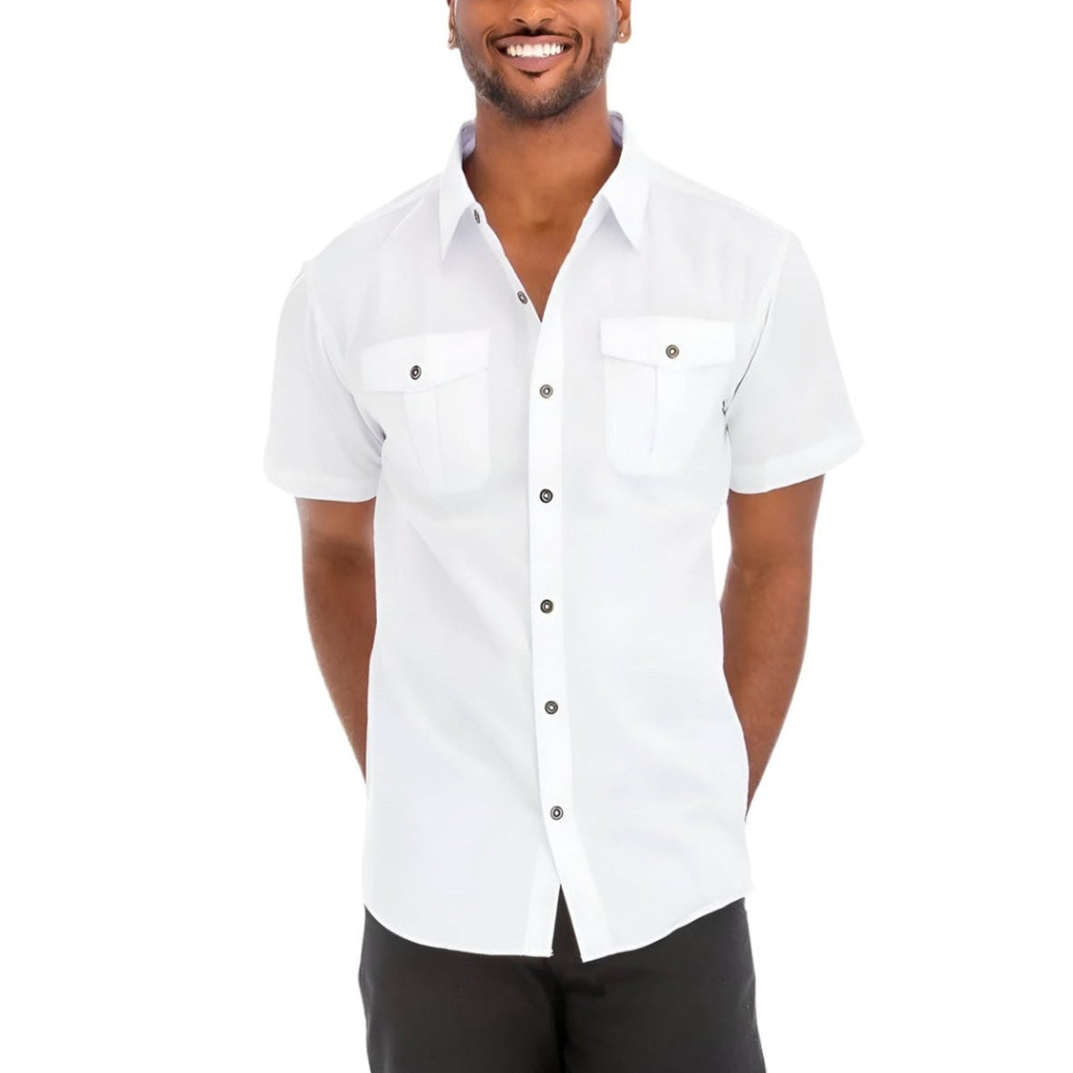 Men's short sleeve white two pocket button front shirt by VacationGrabs with stylish details