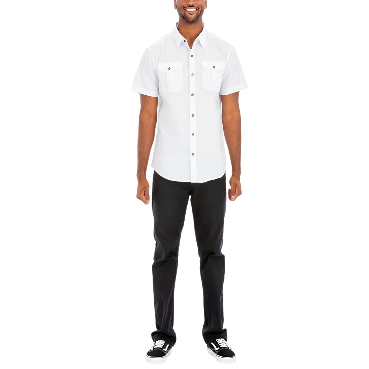Men's white two pocket button front shirt by VacationGrabs, perfect for casual or outdoor wear.
