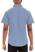 Back view of a VacationGrabs two pocket casual shirt for men in light blue with short sleeves