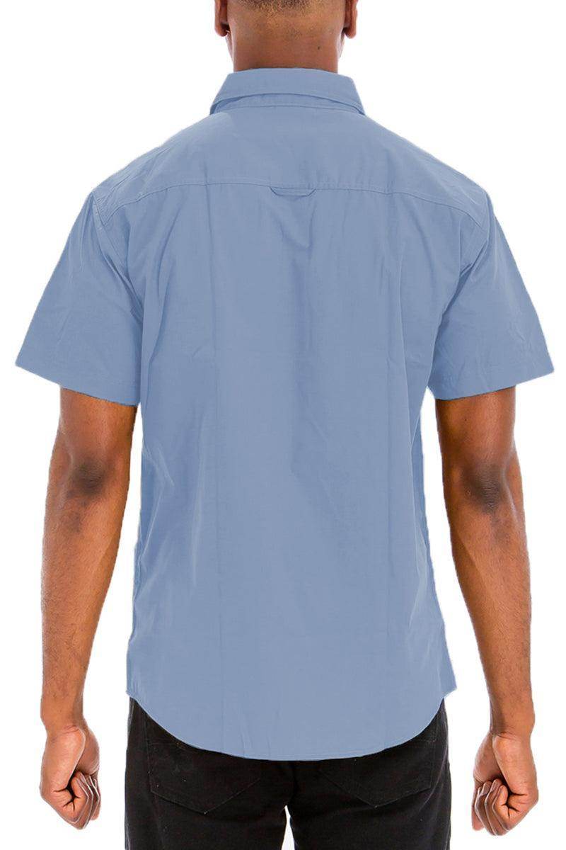 Back view of a VacationGrabs two pocket casual shirt for men in light blue with short sleeves