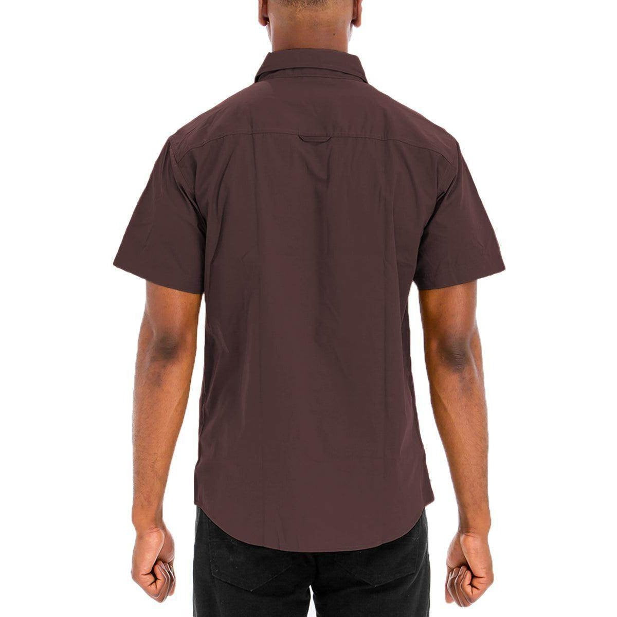 Back view of a brown two pocket casual shirt for men by VacationGrabs with short sleeves
