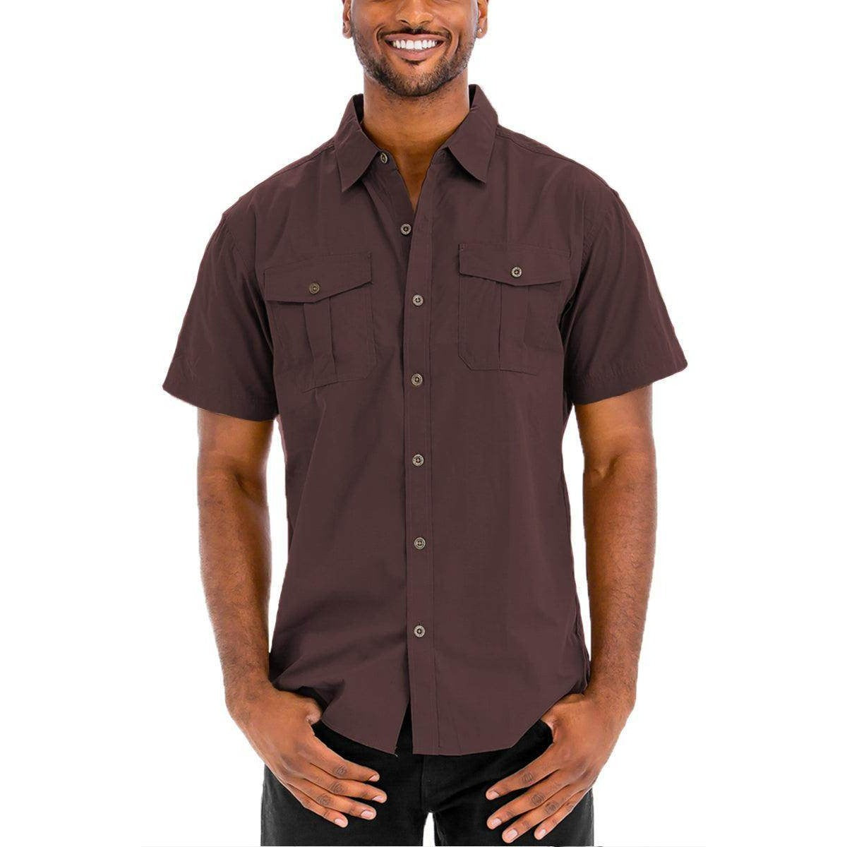 Brown two pocket casual shirt for men with short sleeves and button-down front by VacationGrabs
