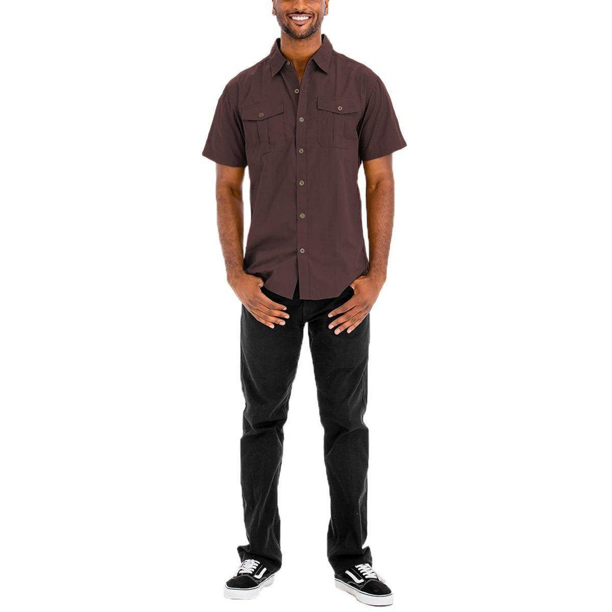 Men's two pocket casual shirt for men in brown, featuring button-down front and short sleeves