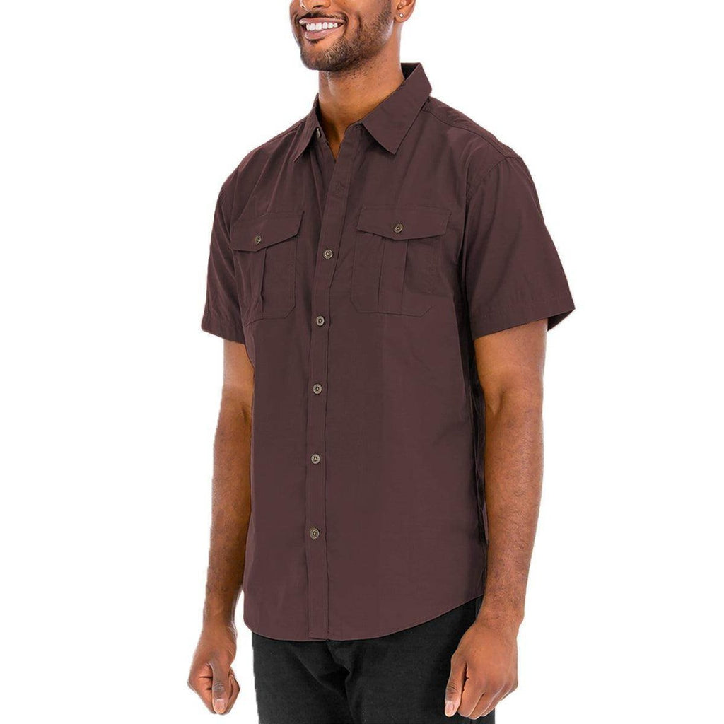 VacationGrabs two pocket casual shirt for men in brown with a button-down design and short sleeves