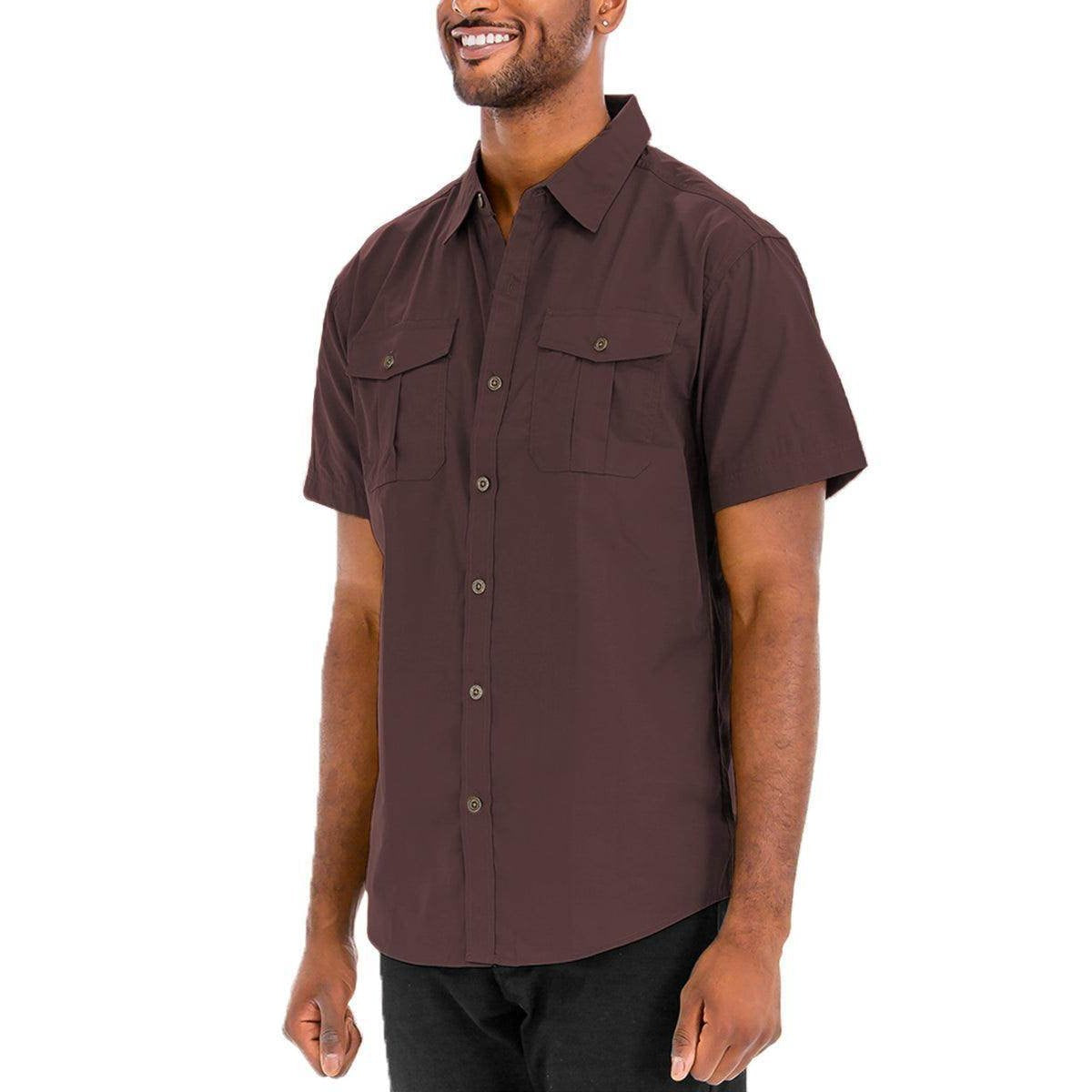 VacationGrabs two pocket casual shirt for men in brown with a button-down design and short sleeves