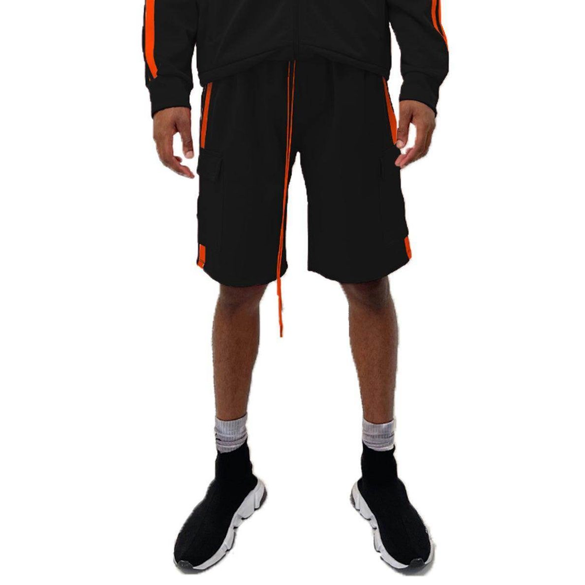 Men's two stripe athletic shorts in black with orange detailing and pockets for active wear