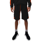 Men's two stripe athletic shorts in black with orange detailing and pockets for active wear