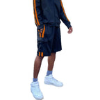 Men's two stripe athletic shorts in black and orange with comfortable fit and side pockets