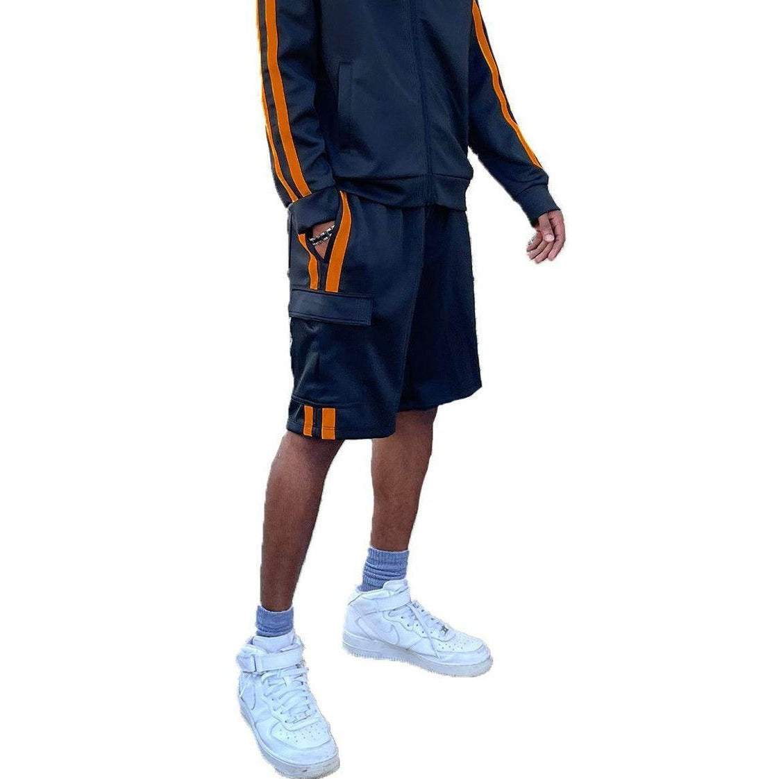 Men's two stripe athletic shorts in black and orange with comfortable fit and side pockets