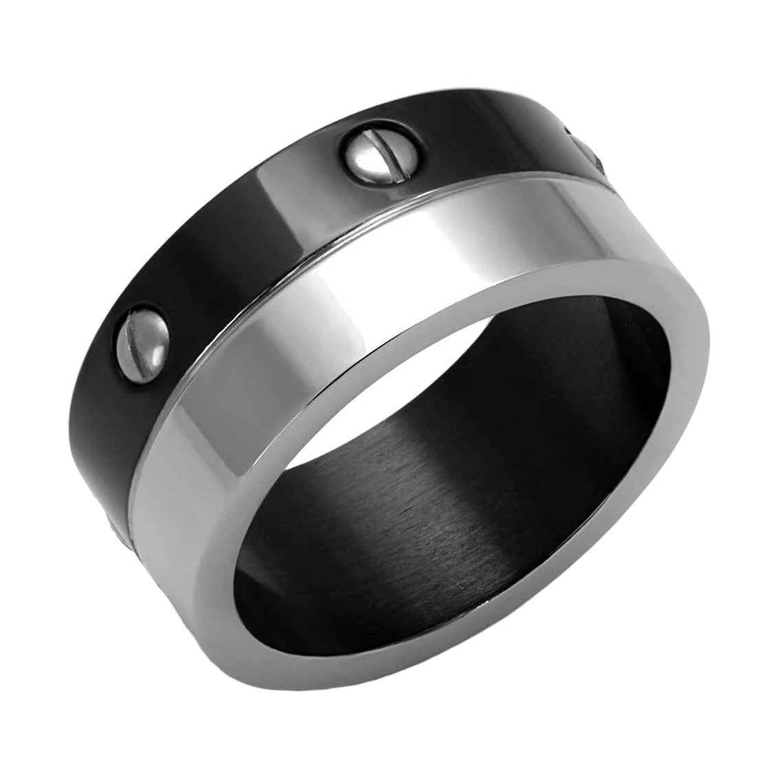 Stylish two tone black men's ring with polished finish and decorative studs for modern fashion