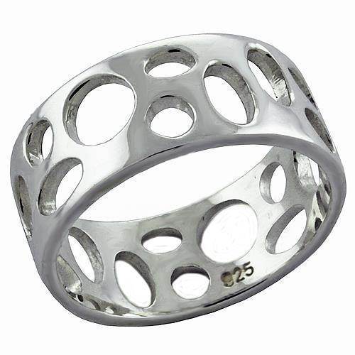 Unique cut out silver band for women featuring circular designs in polished metal finish