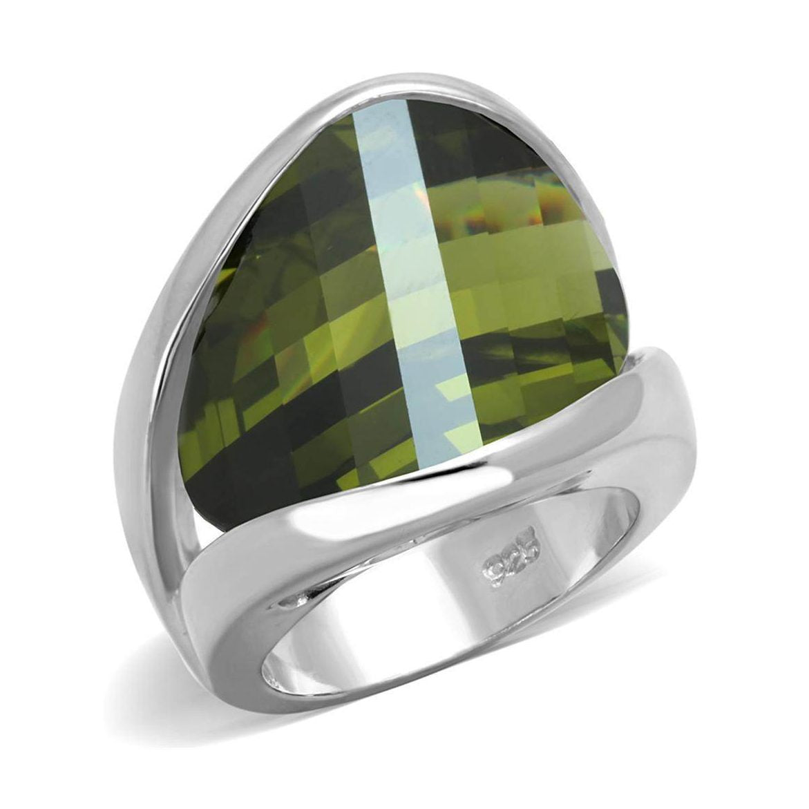 Unique gemstone statement ring for women featuring a large green faceted stone and a sleek silver band