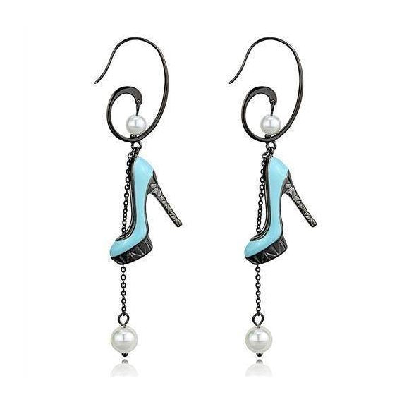 Unique high heel earrings for women in blue and black design with pearl accents