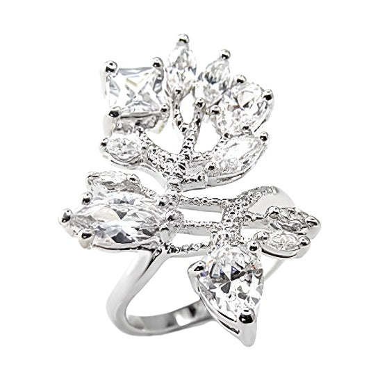 Unique leaf design silver ring for women adorned with sparkling clear gemstones