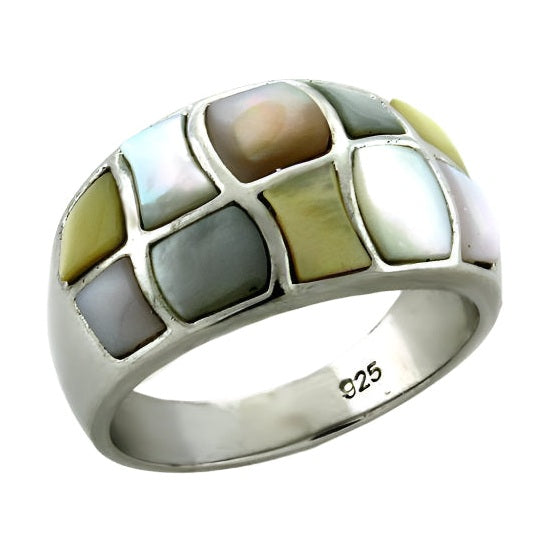 Unique mosaic silver band ring featuring colorful inlaid stones for a stylish look