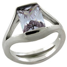Unique rectangular gemstone silver ring featuring a large purple stone set in polished silver