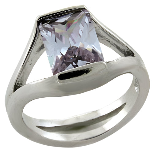 Unique rectangular gemstone silver ring featuring a large purple stone set in polished silver