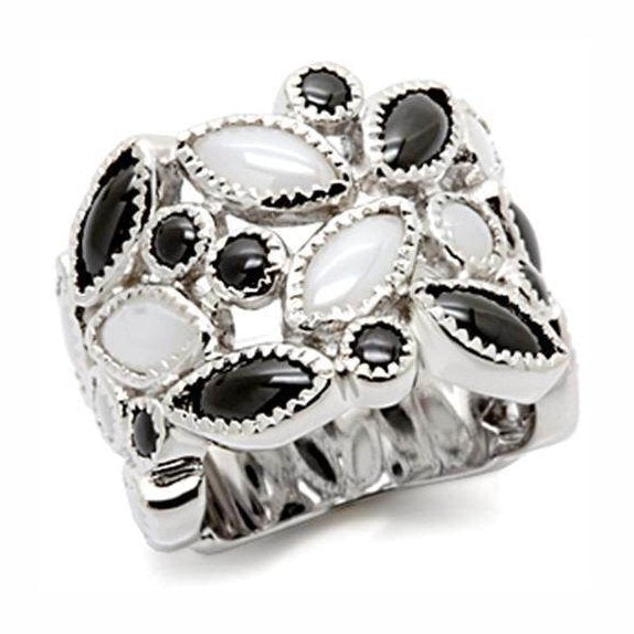 Unique sterling silver cocktail ring with black and white marquise-shaped stones for elegant occasions