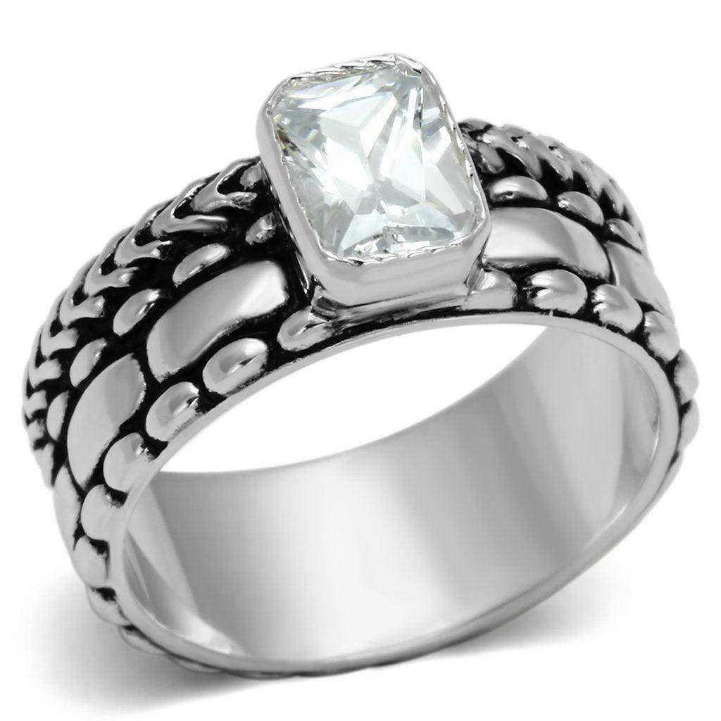 Unique sterling silver ring for women featuring a large rectangular stone with an intricate band design