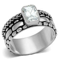 Unique sterling silver ring for women featuring a large rectangular stone with an intricate band design