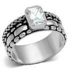 Unique sterling silver ring for women featuring a large rectangular stone with an intricate band design
