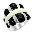 Unique sterling silver statement ring featuring black and white stones with intricate detailing