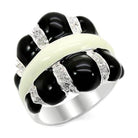 Unique sterling silver statement ring featuring black and white stones with intricate detailing