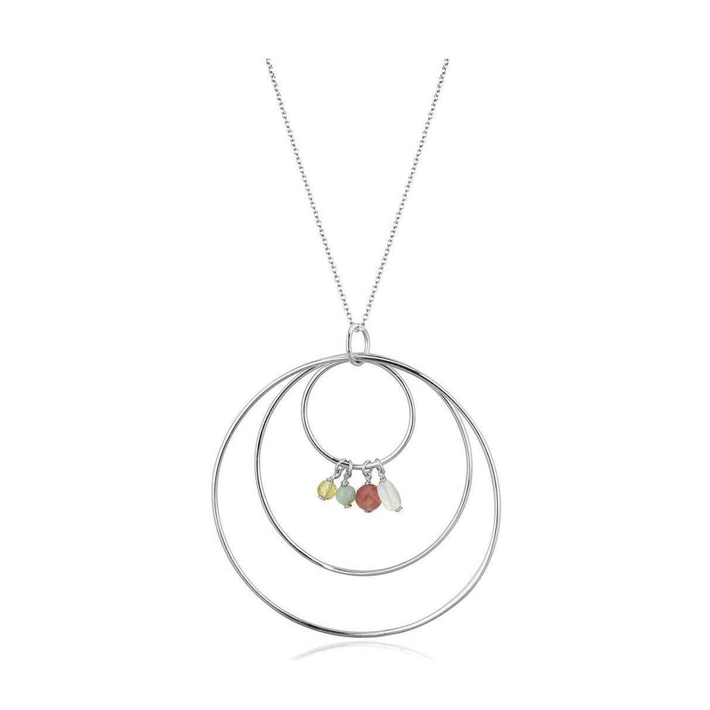 Unique vacation jewelry for her featuring a silver hoop necklace with colorful stone accents