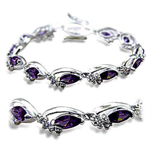 Unique women's fashion bracelet featuring purple gemstones and intricate silver design