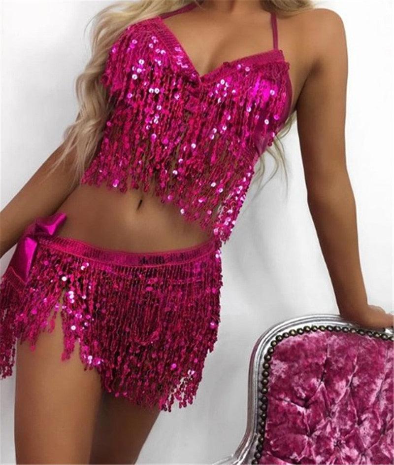 Women's Clubwear V-Neck Backless Lace-Up Sequin Fringe Crop Top Party Clubwear