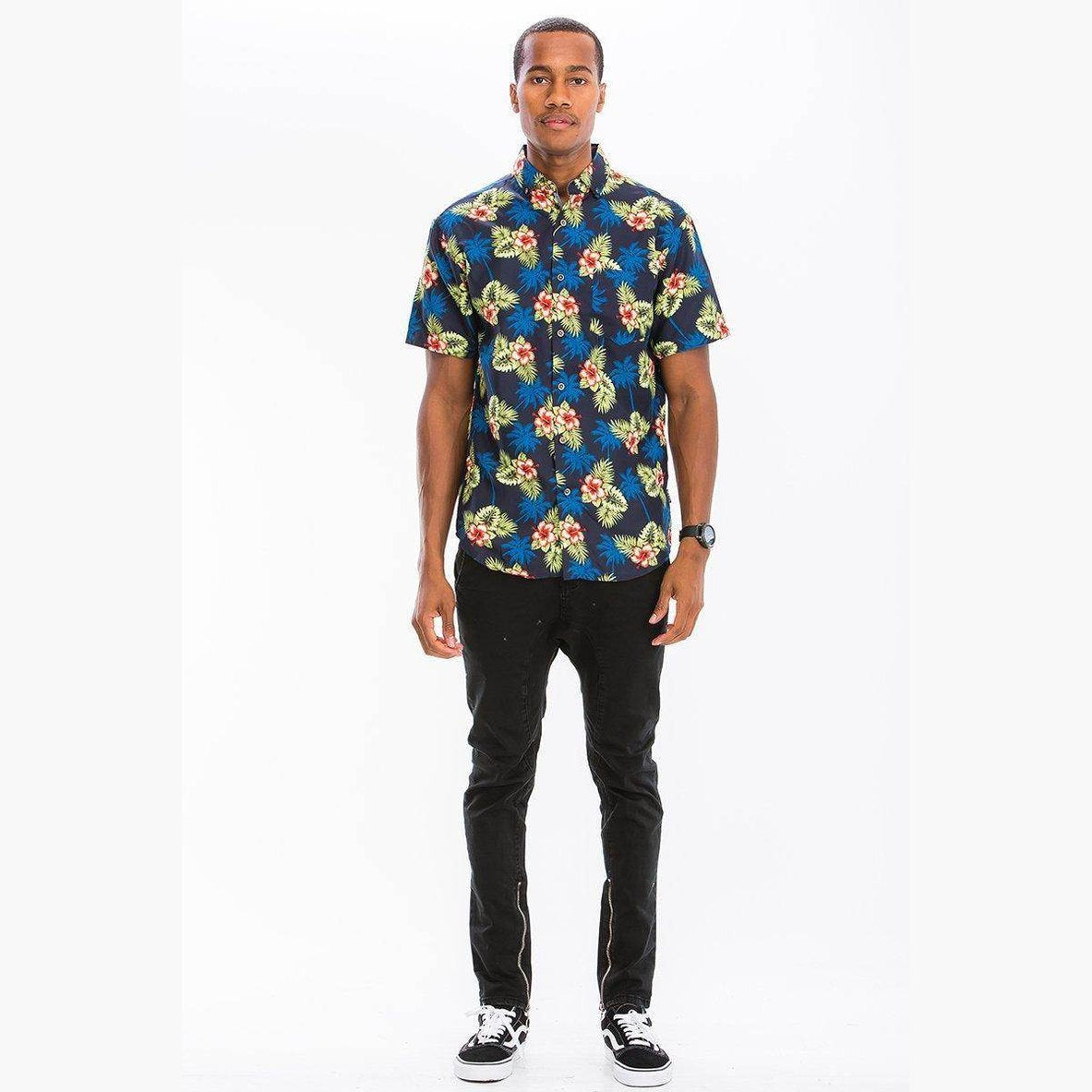 Vacation Floral Shirts for Men in Navy Blue with Colorful Tropical Print for Casual Summer Wear