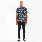 Vacation Floral Shirts for Men in Navy Blue with Colorful Tropical Print for Casual Summer Wear