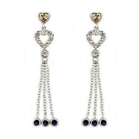 Dazzling drop earrings with heart design, perfect vacation jewelry for women, featuring silver and blue accents