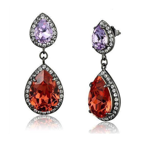 Vacation statement earrings for women featuring a teardrop design with purple and orange gemstones