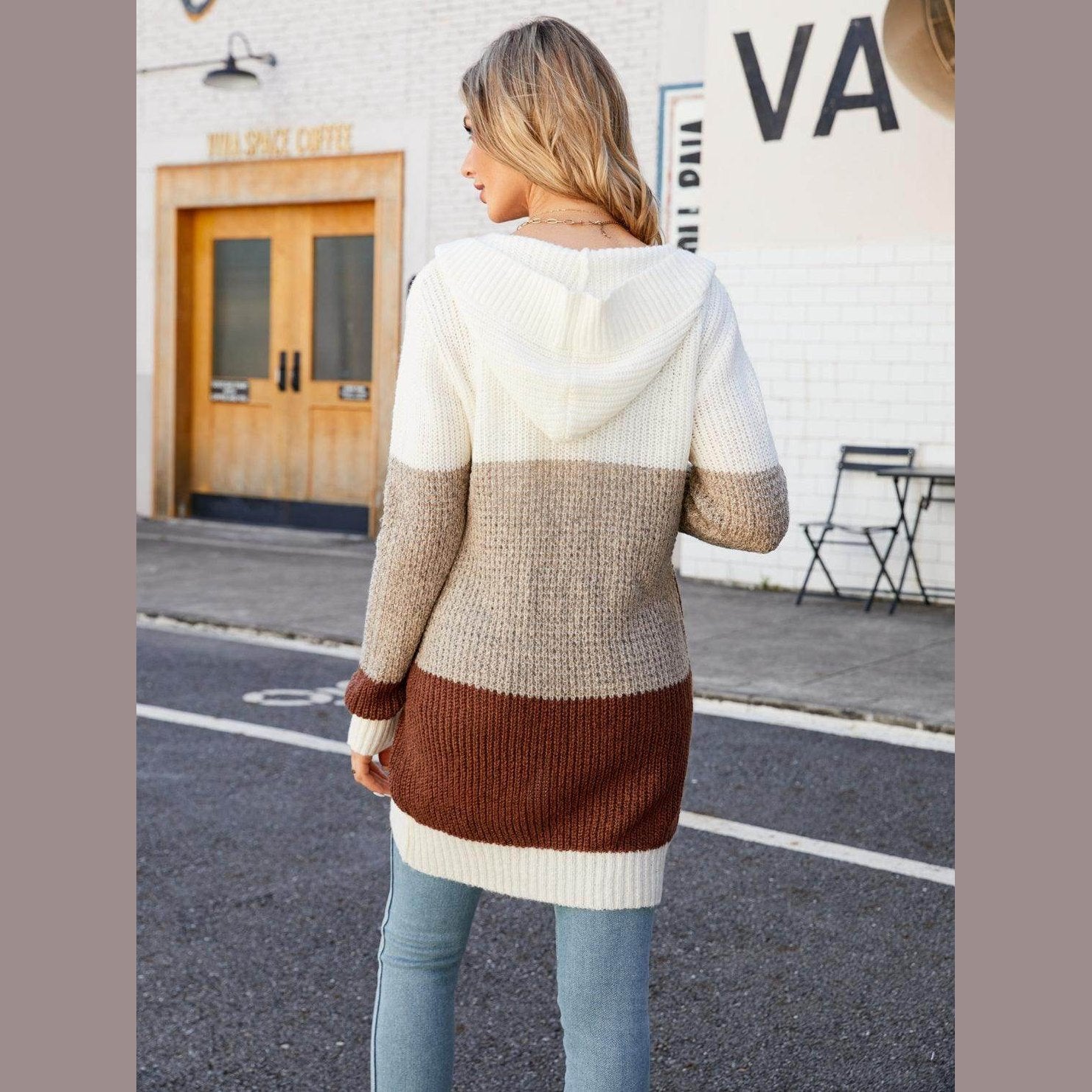 Trendsi women's vacation style cardigan with a hood, featuring a cozy striped design