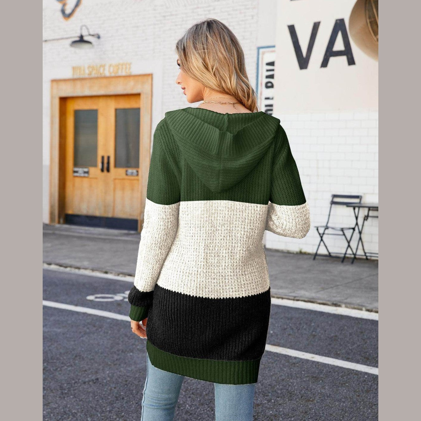 Trendsi vacation style cardigan with a hood in green, white, and black, perfect for casual outings