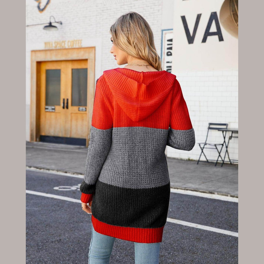 Trendsi Women's vacation style cardigan in red, gray, and black with a cozy hood for casual outings