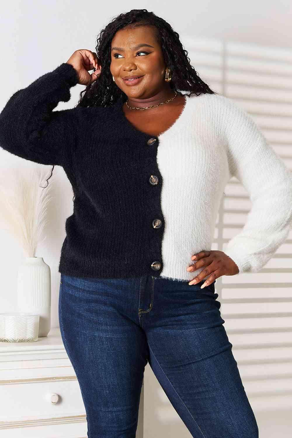 Trendsi Women's Vacation Style Cardigan with Half Black and Half White Design and Button Closure