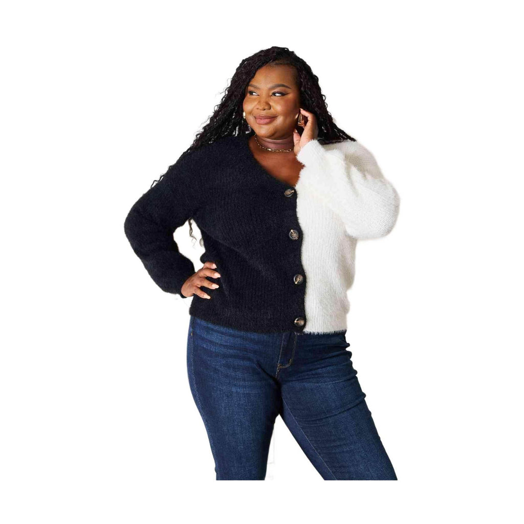 Trendsi women's vacation style cardigan in black and white featuring button closure and a cozy fit