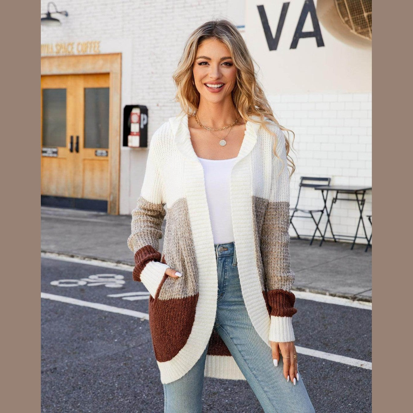 Trendsi Women's Vacation Style Cardigan in Cream with Brown and Beige Stripes for a Chic Look