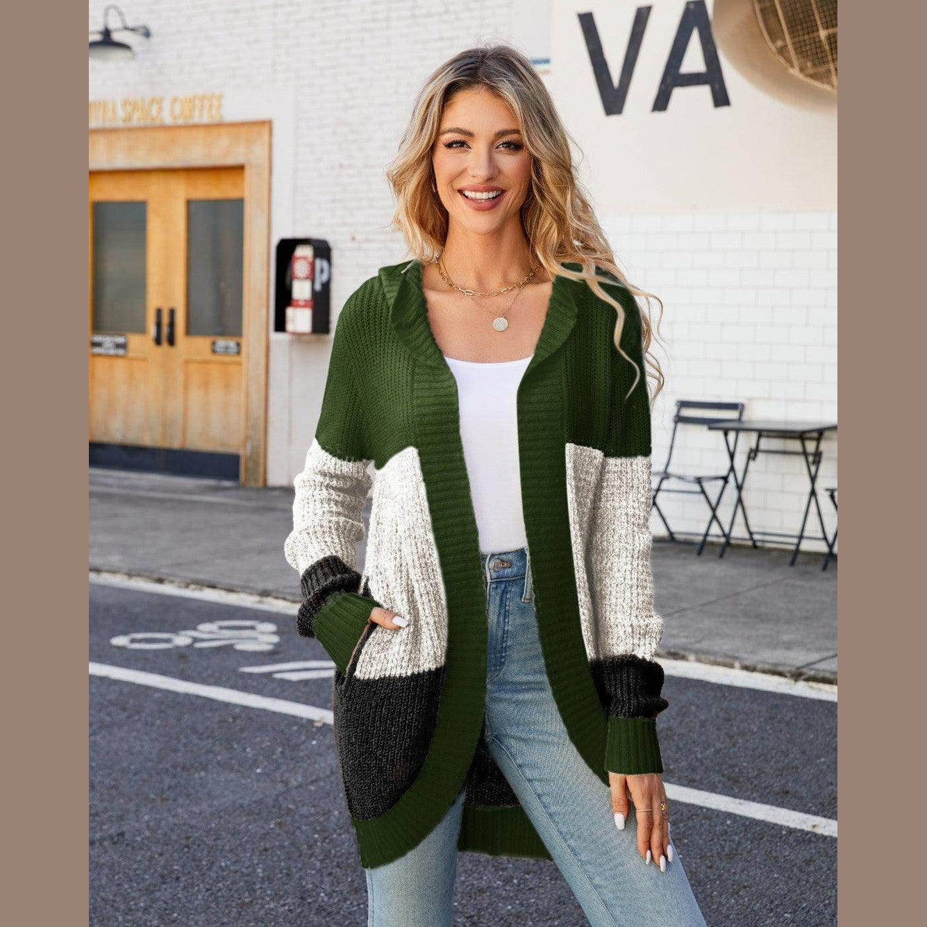 Trendsi Women's vacation style cardigan with a cozy knit design and hood in green and white